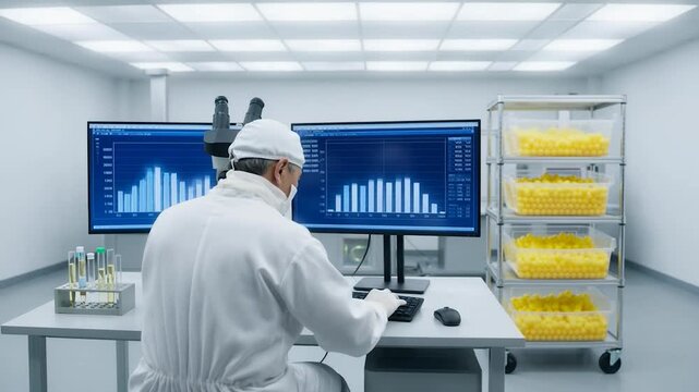 Scientist in lab coat analyzing data on computer screens with microscope