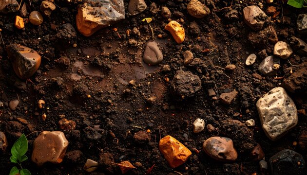 Dark brown porous soil with stones and rocks