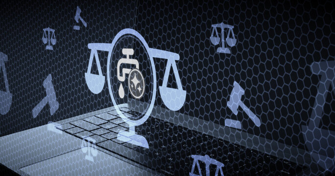 Gesti&oacute;n del Agua y Recursos H&iacute;dricos con Inteligencia Artificial y S&iacute;mbolo de Gota Digital sobre Mundo Tecnol&oacute;gico