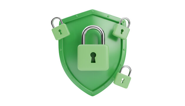3D green shield with golden padlock security icon isolated on transparent background