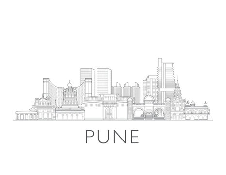 Pune skyline, India. Urban cityscape with landmarks and monuments. Hand drawn line art digital skyline illustration