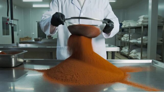 Artisanal sifting of fiery orange powder creating a mountain of flavor on a gleaming stainless steel surface in a modern facility