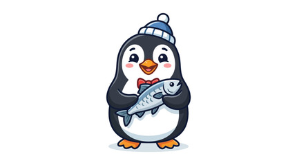 Cute Cartoon Penguin Holding Fish. © Sasisu
