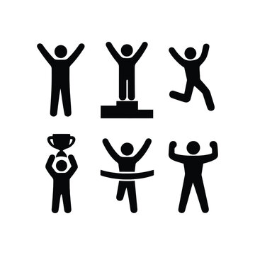 Six stick figures in various celebratory poses silhouette