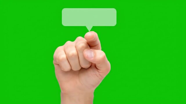 Three hands holding blank green speech bubbles on green background for presentation or advertising