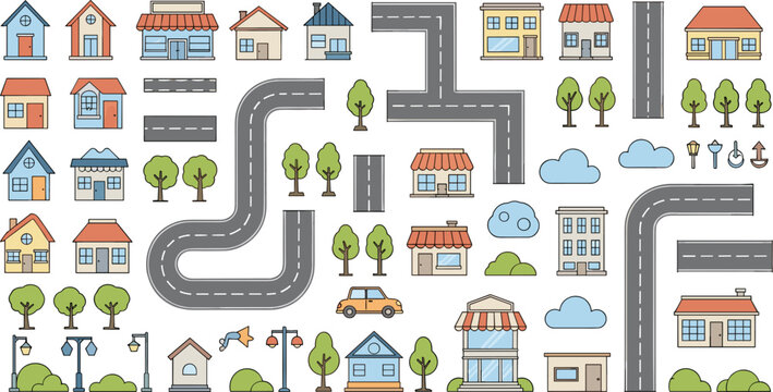 City Map Elements Collection with Roads, Houses, Trees, Buildings, and Urban Infrastructure Icons in Cartoon Style for Navigation, Planning, and Landscape Vector Design