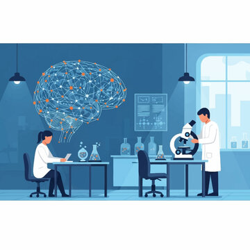 Two scientists in a neurology lab, one examining a human brain model with neural networks, the other using a microscope, focusing on neuroscience research, vector illustration.