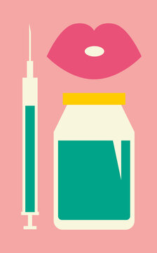 Green hyaluronic acid in syringe with lips, cosmetic injection concept