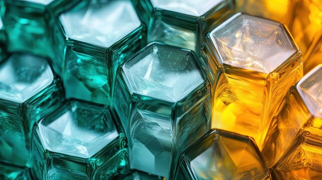 Quantum superposition states transparent translucent crystalline geometric structures emerald green golden yellow hexagonal forms prismatic light reflections macro photography