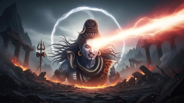 Cinematic Lord Shiva summoning divine energy in stormy ruins 4k footage