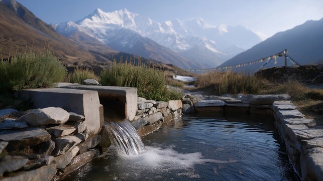 High-altitude mountain stream microhydro intake structure, stone and concrete weir directing flow, Himalayan backdrop, prayer flags above installation, perfect for remote renewable electrification,