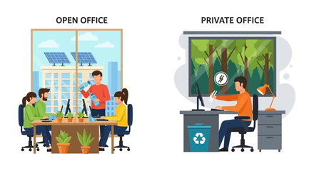 Naklejka premium Open Office vs. Private Office Comparison: Modern Workspaces, Collaboration, Privacy, and Sustainable Practices