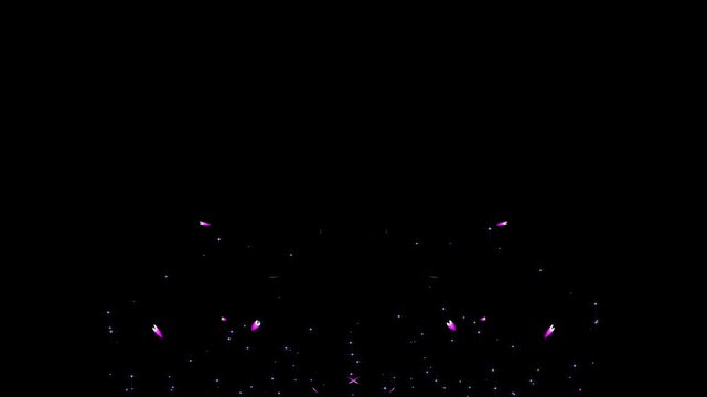 Purple Cherry Petals and Star Confetti Burst, Magical Symmetrical Particle Explosion with Glowing Glitters on Black Background, Anime Style Sakura Blossom VFX Overlay, Cinematic Celebration Motion Loo