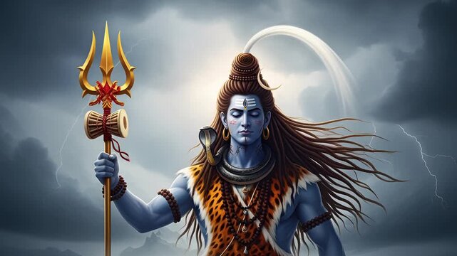Cinematic 4k footage of hindu god shiva in stormy clouds