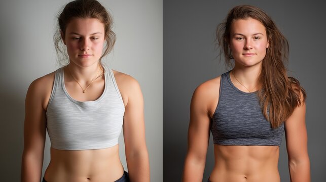 Before after body composition chart showing fat percentage decrease and muscle percentage increase over twelve weeks, perfect for recomposition success metrics, dual-goal fitness achievement, body