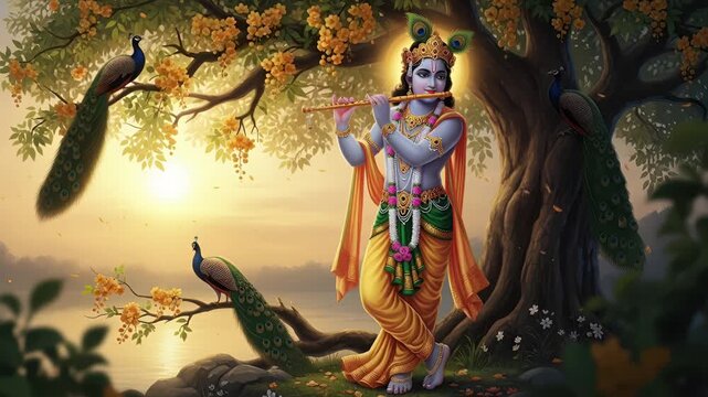 4k cinematic lord rama statue with peacocks in forest