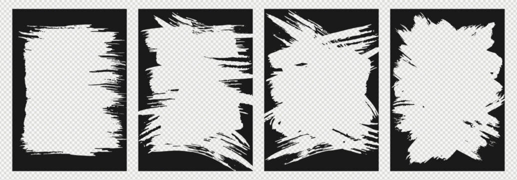 Set of black vector grunge brush stroke frames with distressed edges. Ink paint border design templates on transparent background.