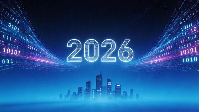 2026 futuristic cityscape with binary code