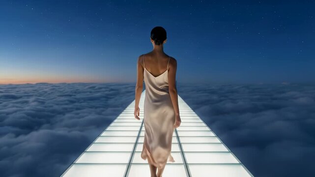 Woman in a silk dress walking on a glowing glass path above a dense cloudscape under a starry night sky as a visual metaphor for limitless potential