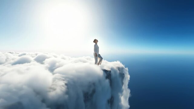 Serene woman standing on a high cliff edge surrounded by thick white clouds against a bright sun as a visual metaphor for limitless potential
