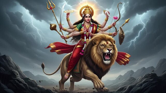 Maa Katyayani riding a lion with multiple arms and weapons in a fiery background