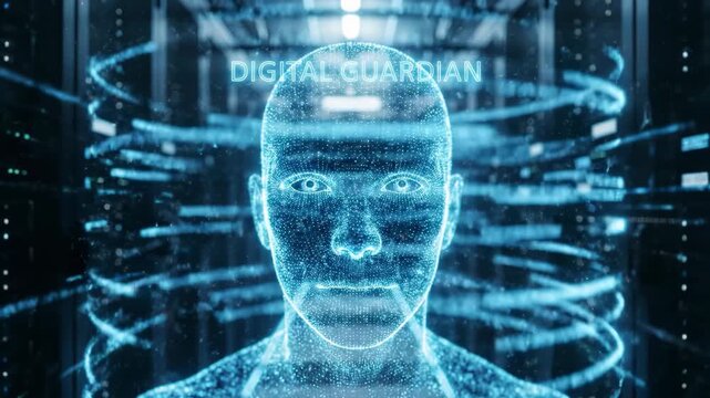 Digital guardian interface scanning human face for biometric authentication in secure datacenter server room