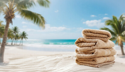 Summer beige towels on hot beach sand with empty space for product placement or text. Warm summer day, leisure, beach relaxation and vacation vibes. 
