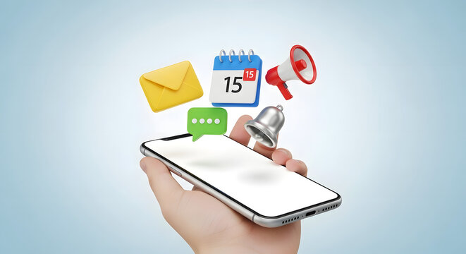 A hand holding a smartphone with notification icons floating above
