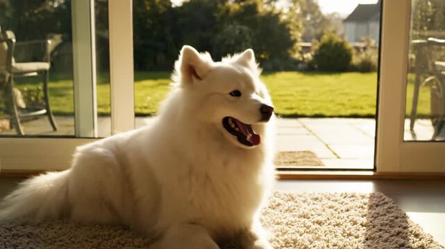 Happy white fluffy samoyed dog sitting on a rug in a sunlit living room and yawning against glass doors background, concept of home comfort and pet care