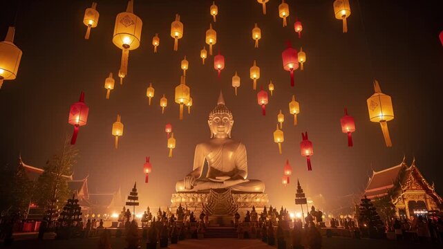 4k night lantern festival with buddha statue in mist