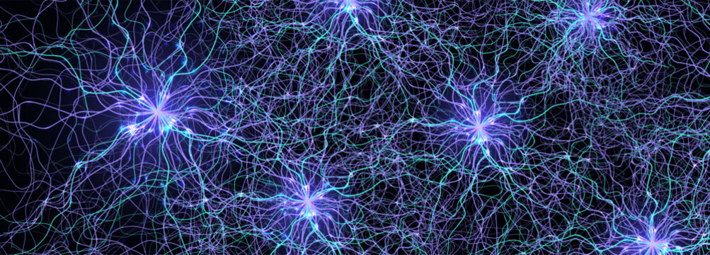 Neural network connections background with glowing blue lines on dark. Futuristic AI data flow design for tech, science, medical banners. Neural connections backgrounds. Vector illustration