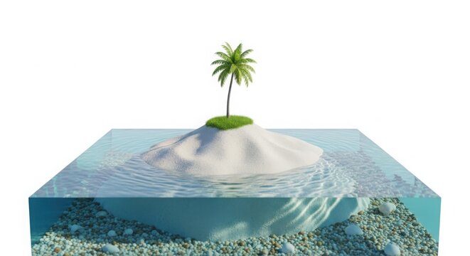 3D Render of Miniature Tropical Island with Palm Tree and Ocean Water Cross Section isolated on White Background