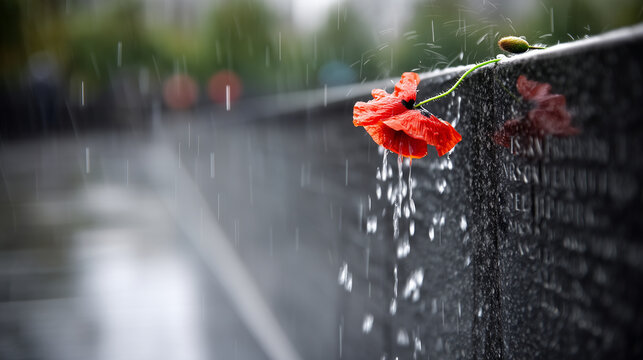 Close-up of raindrops streaming down the surface of a dark polished granite memorial wall with engraved names partially visible through the water rivulets, a single red poppy tucke
