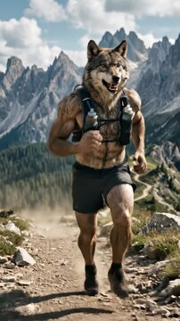 Muscular anthropomorphic wolf running on a rocky mountain trail wearing a hydration vest and athletic shorts during a sunny day