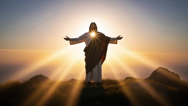 Cinematic 4k footage of jesus in robe with divine light rays