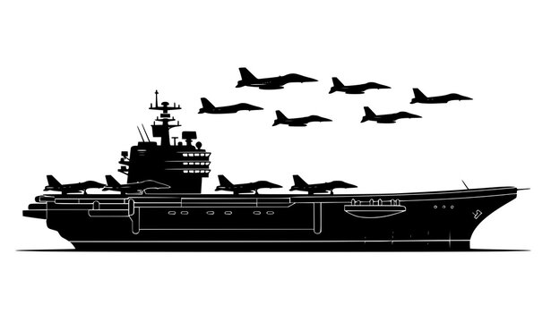 Military Aircraft Carrier Silhouette with Fighter Jets Flying Formation Vector Icon Set