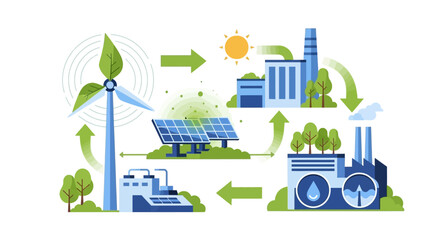 Fototapeta premium Sustainable Renewable Energy & Circular Economy Cycle. Green Industry, Eco-Friendly Production & Environmental Resource Management Diagram.