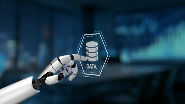 A futuristic robotic hand interacts with holographic icons, showcasing key concepts in data management and cloud technology within a sleek office setting. Synapse