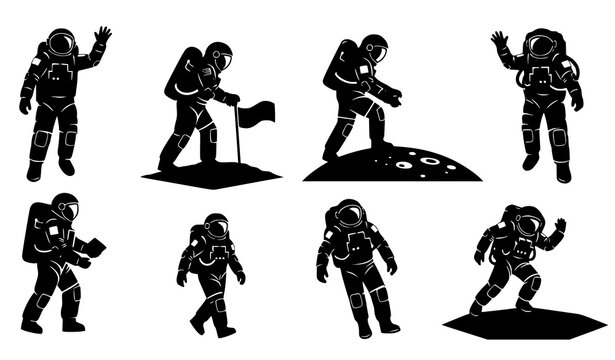 Space Astronaut Pose Silhouette Collection with Flag Vector Illustration