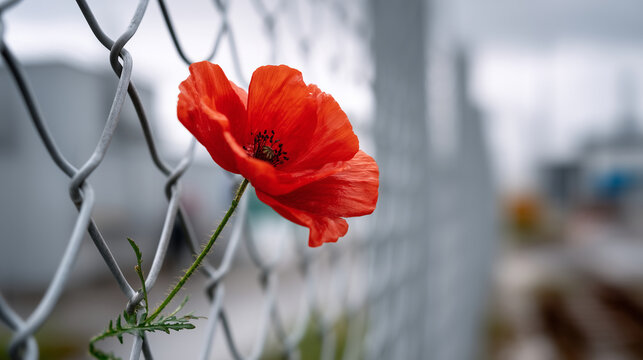 Close-up of a single red poppy caught in a chain-link fence with its stem threaded through the wire, the metal fence creating a grid pattern around the vivid red petals, wind bendi