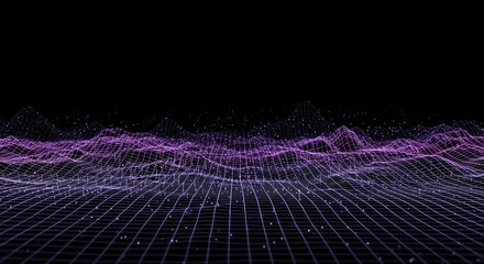 Abstract digital representation of a continuous dynamic wave field moving across a grid surface, ideal for scientific backgrounds, gradient, light, smooth