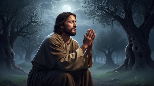 Cinematic jesus in misty forest 4k footage