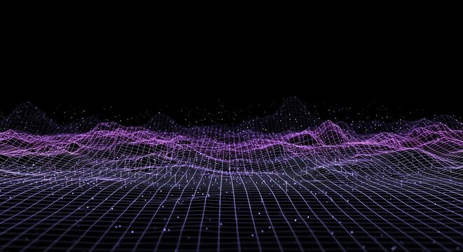 Abstract digital representation of a continuous dynamic wave field moving across a grid surface, ideal for scientific backgrounds, gradient, light, smooth