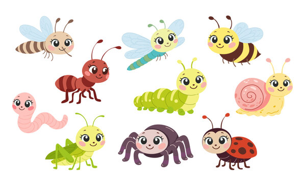 Cute bugs and insects cartoon characters. Happy insects in kids style.Mosquito, spider, caterpillar, worm, ladybug, snail, dragonfly, bee. Vector illustration