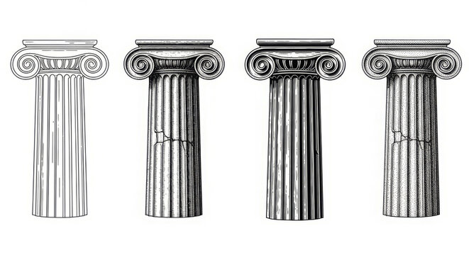 Ancient Greek marble columns and stone pillars in classical ionic and doric architectural styles stand as antique symbols of a temple or bank on an isolated vector pedestal