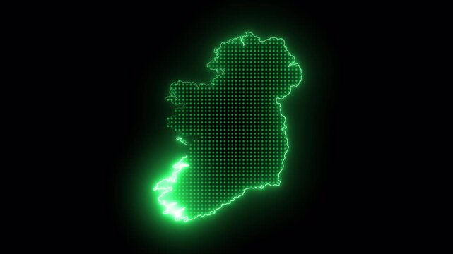High Resolution Ireland Map Animation Showcasing Bright Green Neon Glow in Cyber Style Isolated on Transparent Alpha Background Seamless Looping 4K Video