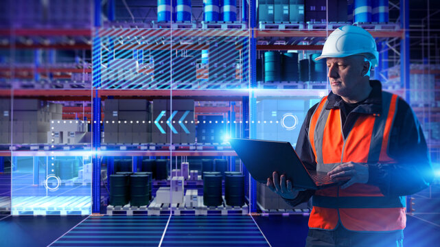AI logistics, warehouse automation and digital inventory control. Technician with laptop monitors smart storage systems, optimizing supply flow, robotics coordination and data driven operations.
