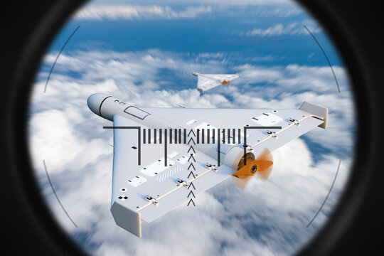 Air defense operation, UAV interception and threat neutralization. Shahed type drone locked in weapon sight by PVO system, combat monitoring of aerial target ready for destruction in sky.