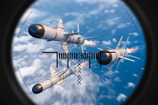 Air defense interception, missile defense system in action. Enemy rockets targeted in weapon sight by air defense forces, counterstrike operation destroying aerial threats and protecting airspace.