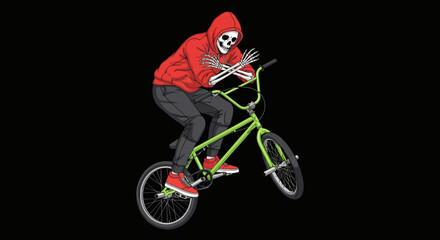 Naklejka premium Skeleton on a lime green BMX bike performing a stunt on a black background